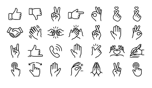 Minimal Hand Gesture Outline Icons Collection with Finger Touch and Communication Vector Symbols