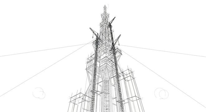 Monochrome line art illustration of a towering transmission tower, showcasing intricate structural details against a stark background, emphasizing industrial design and communication infrastructure