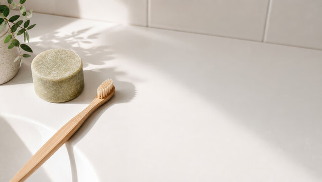 Peaceful bamboo toothbrush and natural soap sit on bright bathroom sink reflecting sustainable lifestyle with gentle morning shadow