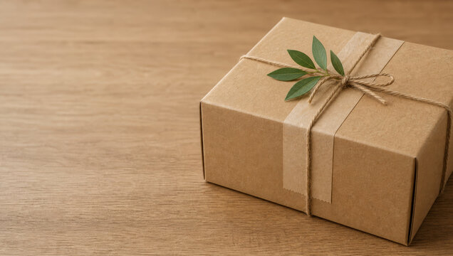 Peaceful sustainable lifestyle with eco friendly cardboard box packaging decorated with natural green leaf on wooden table