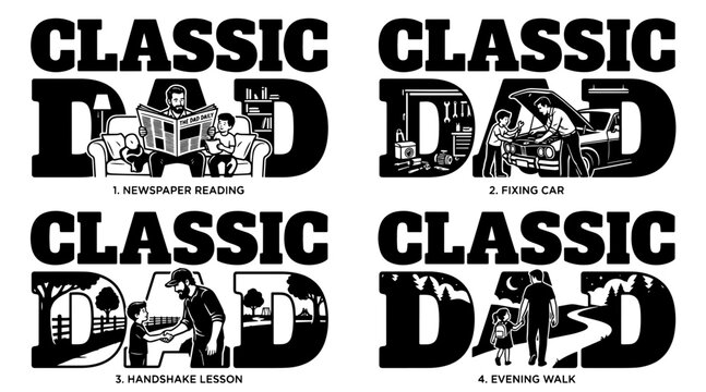Vintage distressed typography design with bold classic dad text in black and white grunge style