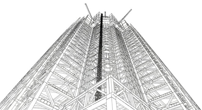 Wireframe illustration of a modern skyscraper's structural framework, viewed from below, highlighting architectural lines and engineering design for urban development