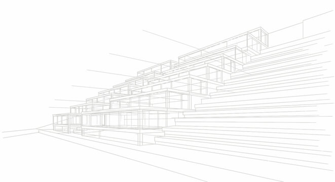 Abstract architectural wireframe rendering a clean skeletal outline of a modern building structure, emphasizing geometric precision and a dynamic perspective for conceptual urban design