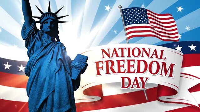 National Freedom Day graphic design featuring the Statue of Liberty and the American flag background.