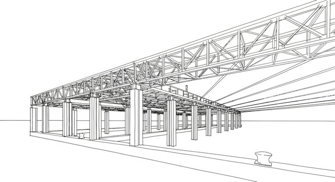 Detailed conceptual architectural blueprint illustrating the complex skeletal framework and structural engineering of a modern industrial building design