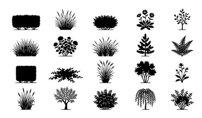 CAD vegetation silhouette vector set with bushes shrubs grass and landscape plants © MdRabbi
