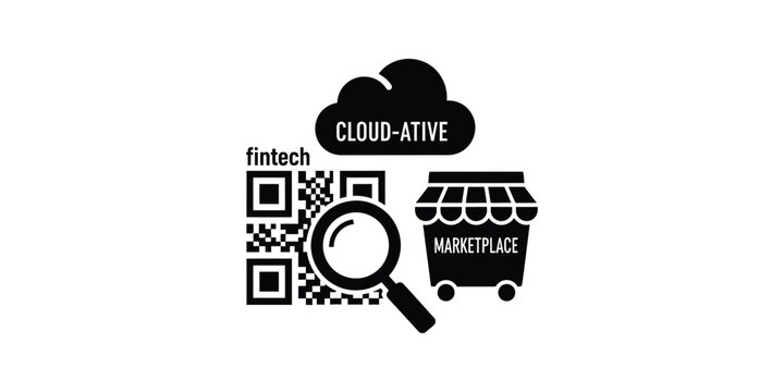 Cloud-active fintech marketplace icon with qr code and magnifying glass