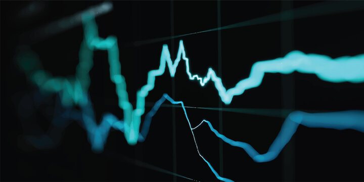 An abstract blue technology screen displays a fusion of a stock market chart and a medical ECG heartbeat pulse wave line, connecting finance and health data on a single monitor