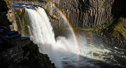Obraz premium A magnificent waterfall cascading over ancient, dark basalt columns, with a brilliant rainbow arcing gracefully through the misty spray under bright sunlight, creating a breathtaking natural spectacle