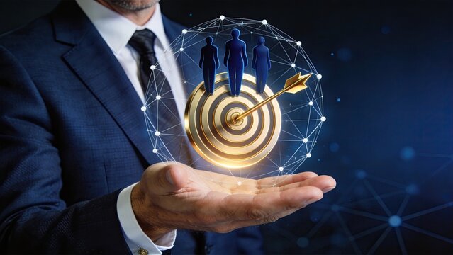 Business strategy target audience goal success, marketing plan aiming at customers, corporate vision achievement, leadership team management, professional growth and development,