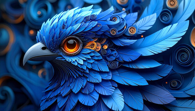 Vibrant blue eagle portrait with detailed feathers and golden accents