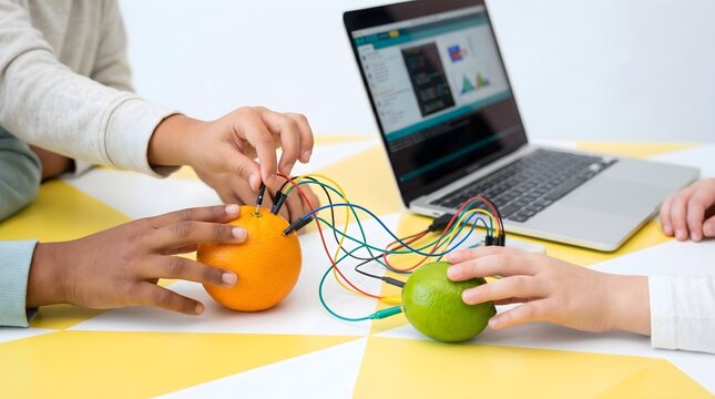 Hands of diverse children conducting STEM science experiment using orange and lime fruit connected to laptop for coding and electronics learning