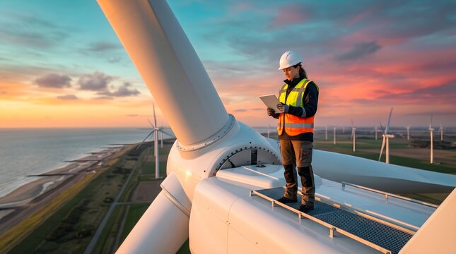 Female engineer wearing safety gear using digital tablet while standing on top of wind turbine nacelle at sunset wind farm coastal landscape