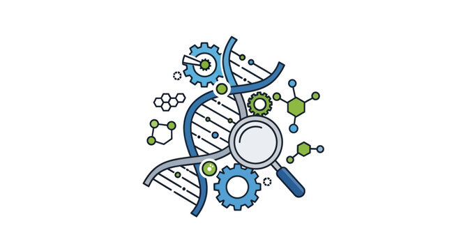 DNA helix, gears, molecules, and magnifying glass illustration for science and research concept
