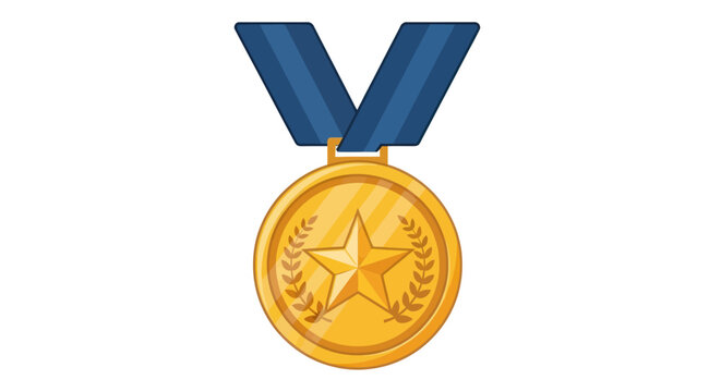 Gold Medal with Blue Ribbon and Star - Award, Success, Achievement Symbol