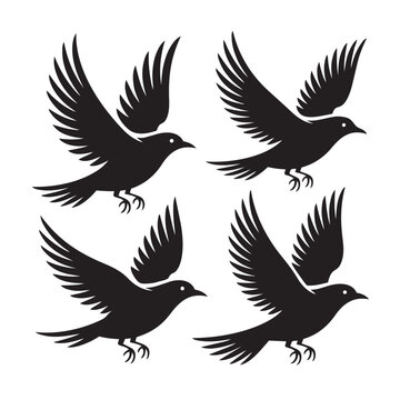 Four black silhouette birds in flight against a white background with silhouette outdoors creature