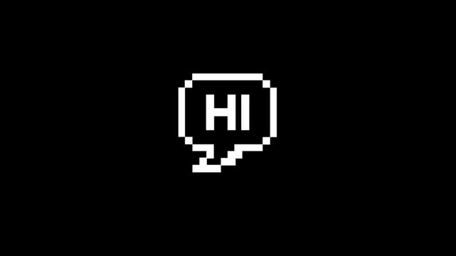 Pixel style speech bubble animation with text "HI", speech bubble, greeting, black background, 4k video