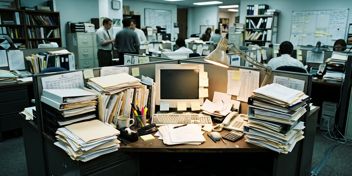 Messy office cubicle with stacks of papers, files, old computer monitor, lamp, and phone in a busy workspace.