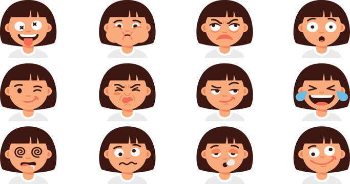 Cute Cartoon Girl Facial Expression Collection Featuring Funny Emotions, Silly Reactions, Crying, Anger, Surprise, and Flat Female Avatar Illustration Designs