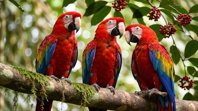 Three scarlet macaws perched together on a moss-covered tree branch in a lush tropical rainforest, surrounded by dense green leaves and clusters of small red berries in their natural habitat.