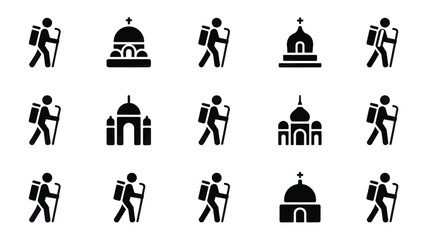 Set of 15 Black and White Pilgrim and Church Building Vector Icons © MstAfroza