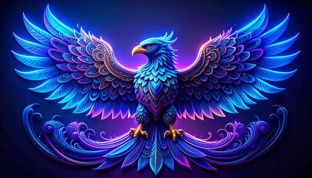 Vibrant illustration of a majestic eagle with glowing blue and purple wings