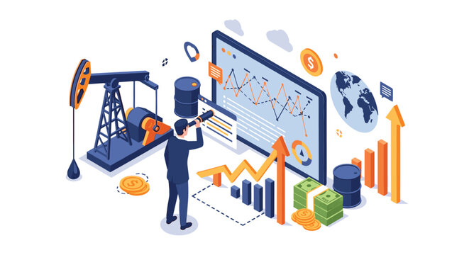 Business analyst monitoring oil industry market trends and production data through global network connections.