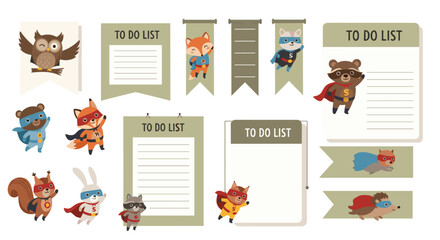 Fototapeta premium Collection of cute forest animals dressed as superheroes features owls foxes raccoons and rabbits for children planner stickers.