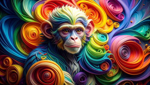 Vibrant monkey portrait with colorful swirls and artistic digital design