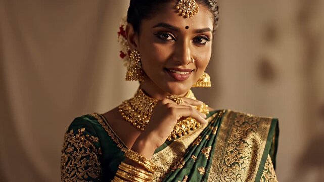Exquisitely adorned Indian bride in emerald green and gold jewelry portrait in ornate traditional attire