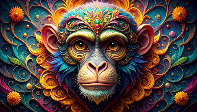 Vibrant monkey portrait with ornate decorative patterns and colorful design