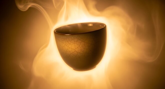 Glowing cracked ceramic tea bowl surrounded by golden smoke and orange light