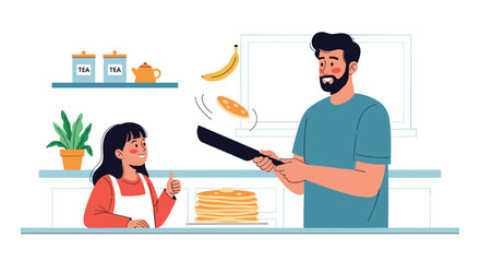 Fototapeta premium Happy father flipping a pancake in a frying pan while his young daughter watches with joy and gives a thumbs up in the kitchen.