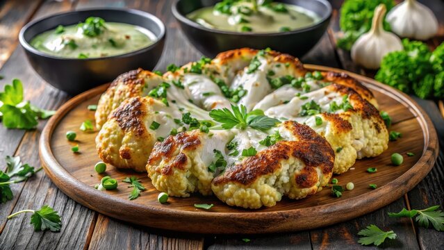 Delicious roasted cauliflower steaks with herb and garlic sauce