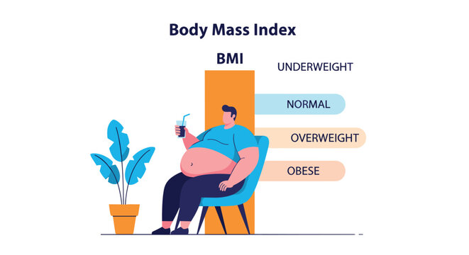 Educational infographic for body mass index showing an obese man sitting in a chair next to a scale ranging from underweight to obese.