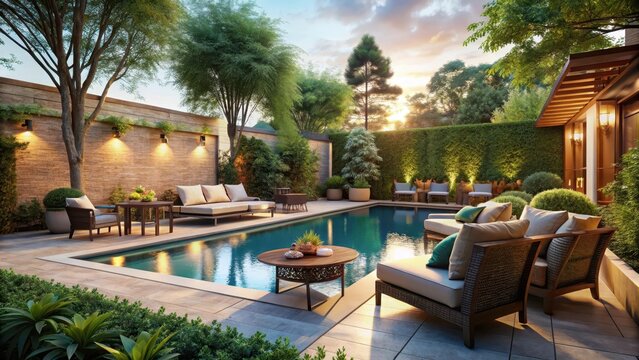 Photo of a luxurious backyard oasis with a sparkling pool and comfortable patio furniture