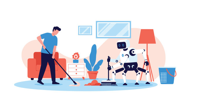 Future of home maintenance featuring a man and a multi armed robot working together to clean a living room.