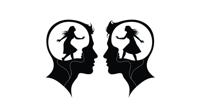 Black and white silhouette of two facing heads containing dancing female figures to represent mental states and inner thoughts.