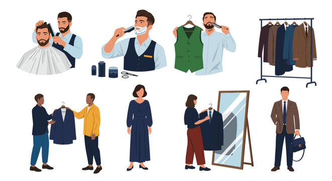 Collection of character illustrations showing men and women grooming, shaving, cutting hair, choosing clothes, and dressing up.