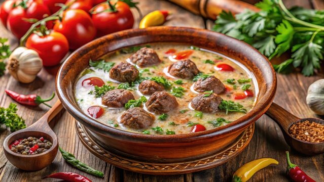 Traditional azerbaijani soup kufta bozbash close up