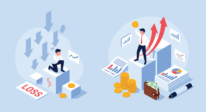 Conceptual illustration comparing a man suffering from financial loss and another celebrating success with growing profit charts.