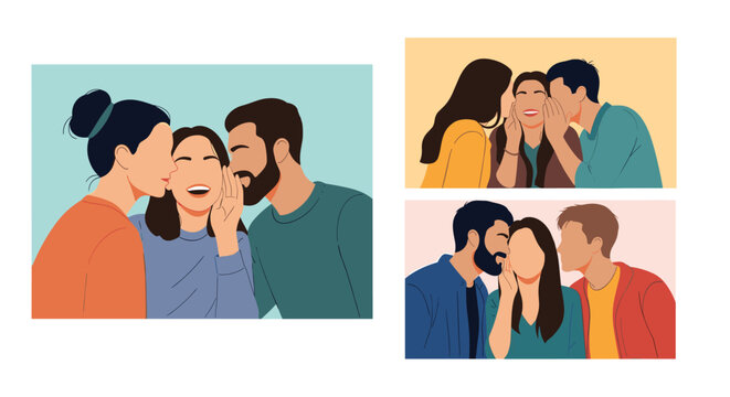 Group of people in various scenes whispering secrets into each other ears and sharing rumors with gossiping expressions.