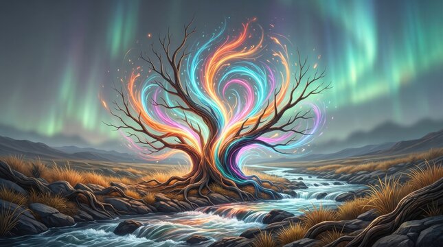 Ancient tree pulses with vibrant, swirling colors