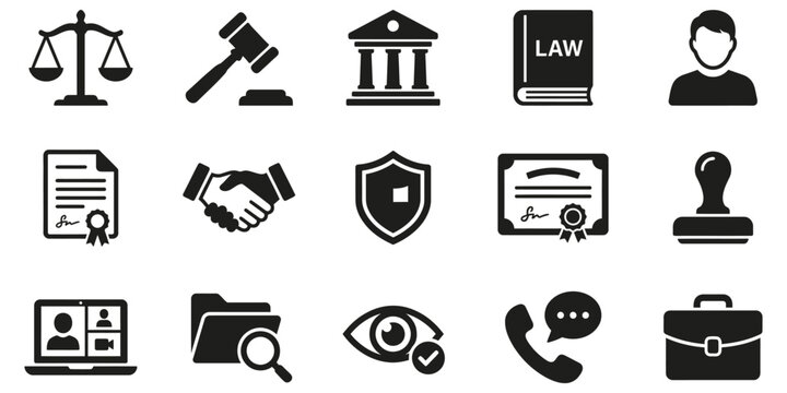 Set Ikon Simbol Hukum Pengadilan dan Kontrak Legal Vektor EPS