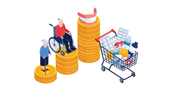 Elderly man and woman standing on stacks of coins with a shopping cart full of medicines and dentures illustrating high medical costs.