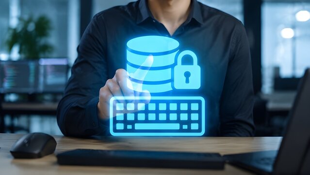 Database storage security interface with password keyboard and server lock icons