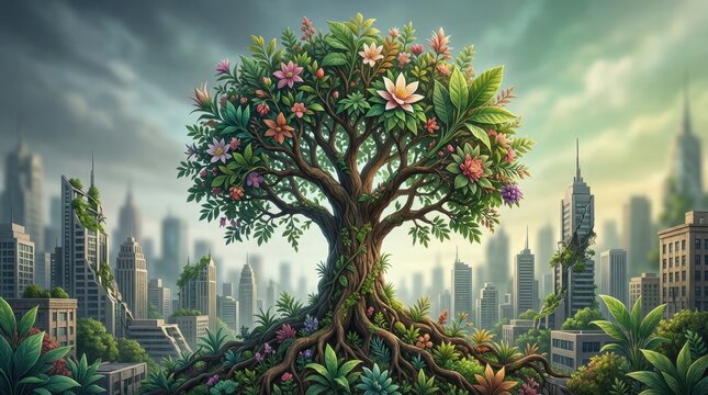 Ancient tree flourishes over urban skyline