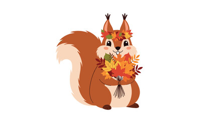 Fototapeta premium Cute brown squirrel with a fluffy tail wearing a leaf crown and holding a bouquet of colorful autumn leaves on white background.