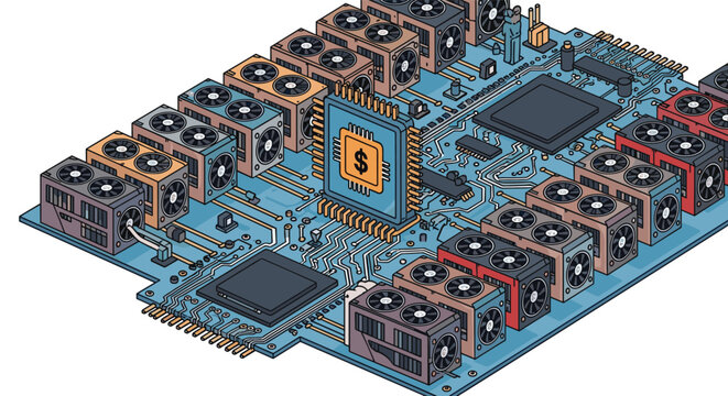 Isometric view of a computer motherboard packed with multiple graphic cards for cryptocurrency mining with a central dollar sign chip.