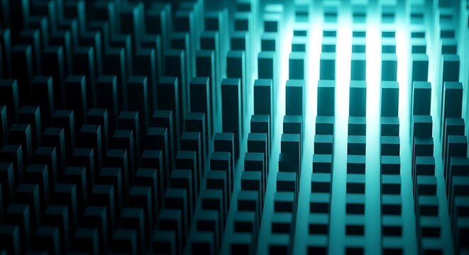 Abstract 3d background with a grid of glowing teal rectangular pillars imagine studio